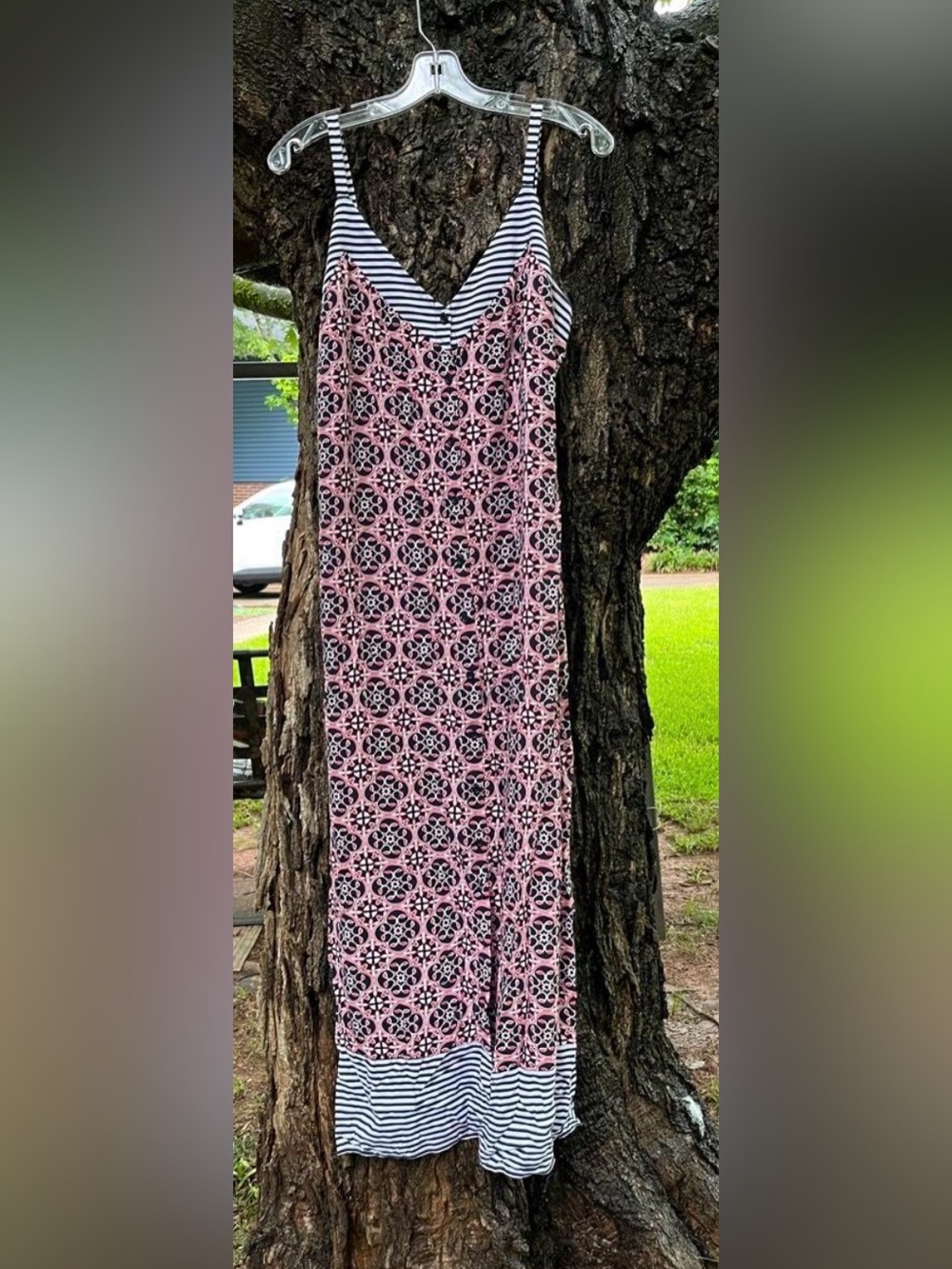 Sleeveless  Summer spaghetti strapPink Patterned Maxi Dress Striped Trim.  14